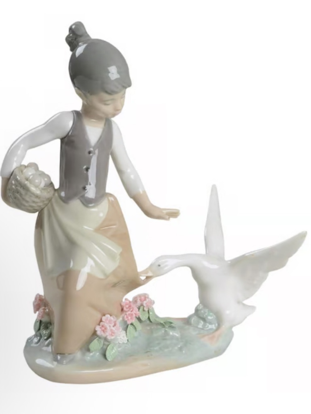 Lladro Figurine of Girl Feeding Goose in Soft Pastels